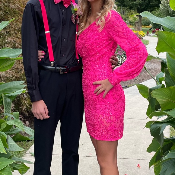 Sherri Hill one shoulder beaded cocktail/homecoming dress — Neon Pink — Size 00 - Picture 3 of 11